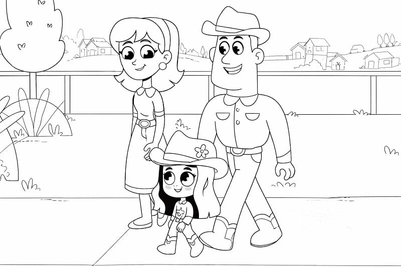 Desenho da Boiadeirinha Passeando com Seus Pais na Fazenda para Colorir