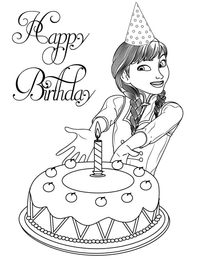 Desenho de Anna e Bolo de Aniversário para Colorir e Pintar