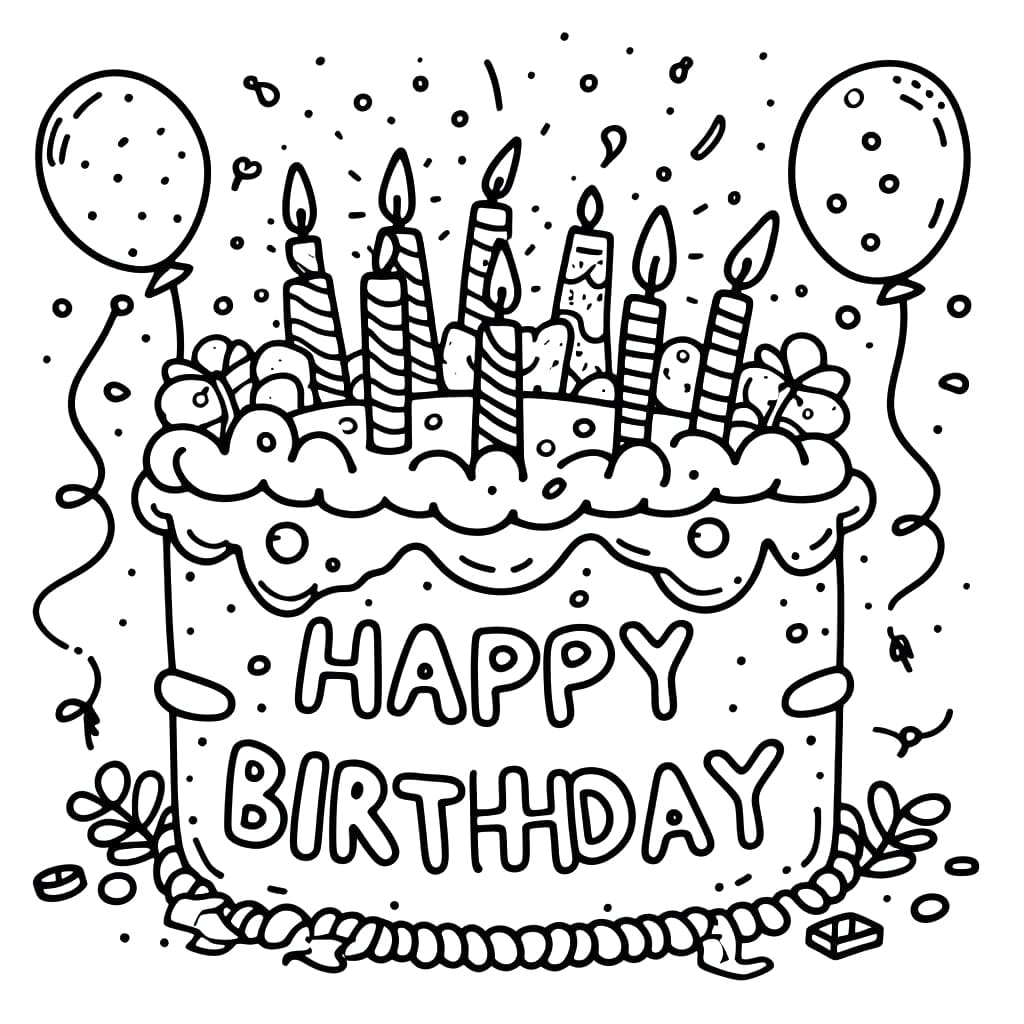 Desenho de Bolo de Aniversário com Balões para Colorir e Pintar