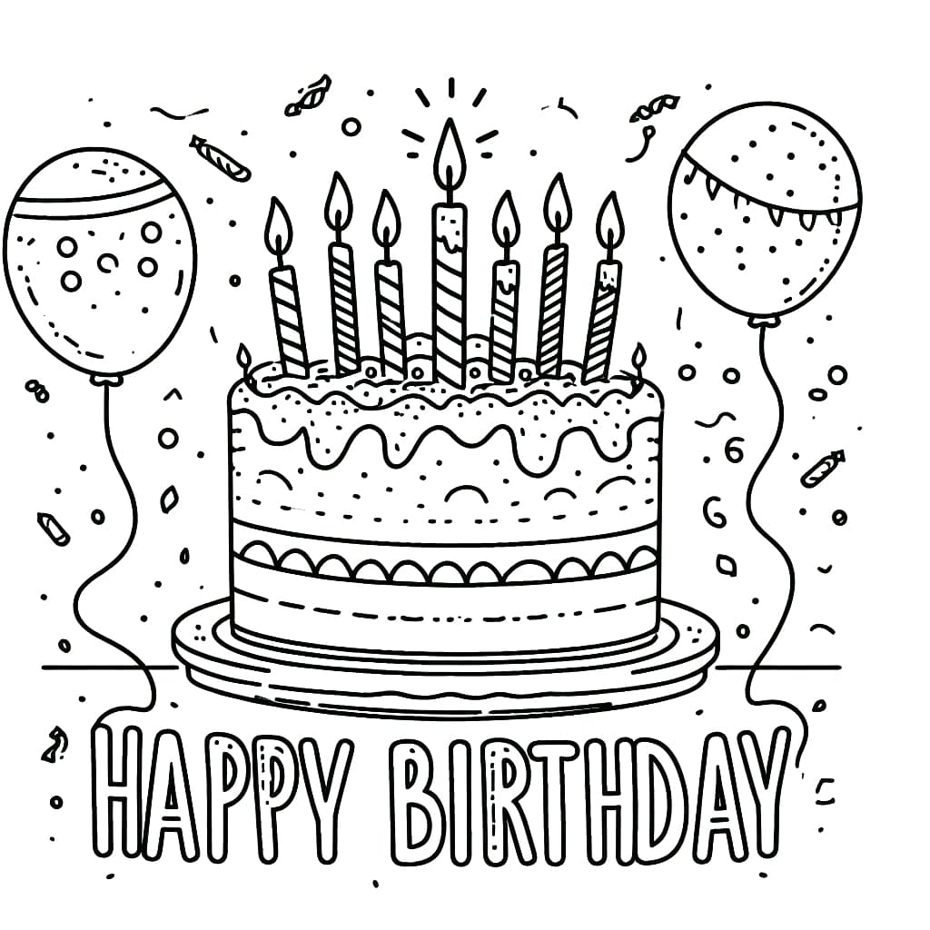 Desenho de Bolo de Aniversário e Balões para Colorir e Pintar