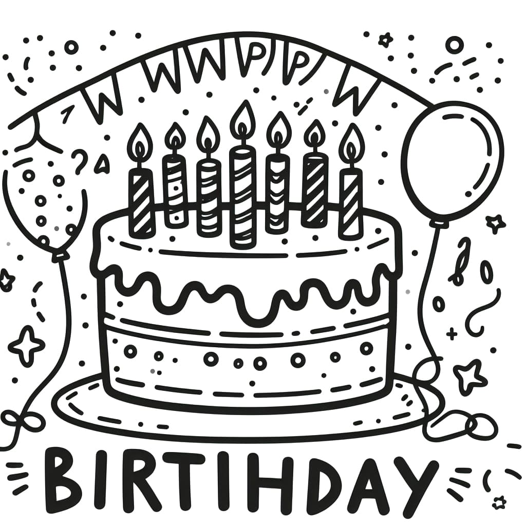 Desenho de Bolo de Aniversário Grátis para Crianças para Colorir e Pintar