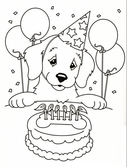 Desenho de Cachorro e Bolo de Aniversário para Colorir e Pintar