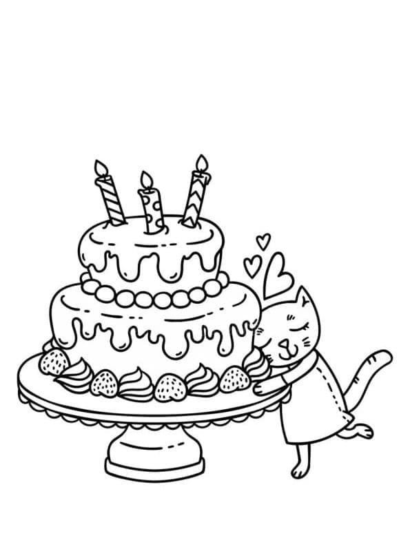 Desenho de Gatinho e Bolo de Aniversário para Colorir e Pintar