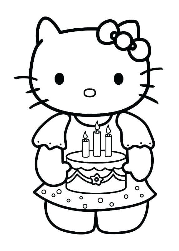 Desenho de Hello Kitty e Bolo de Aniversário para Colorir e Pintar