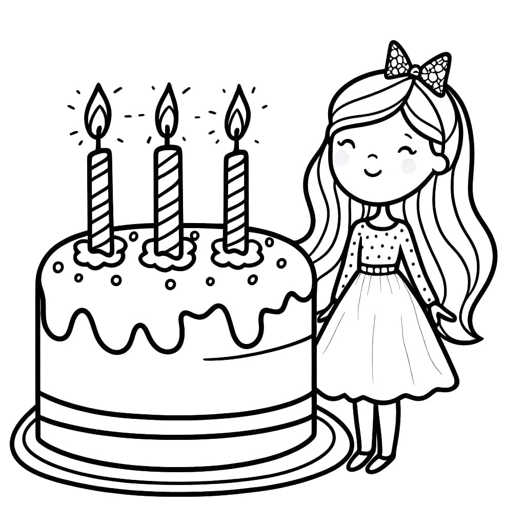 Desenho de Menina e Bolo de Aniversário para Colorir e Pintar