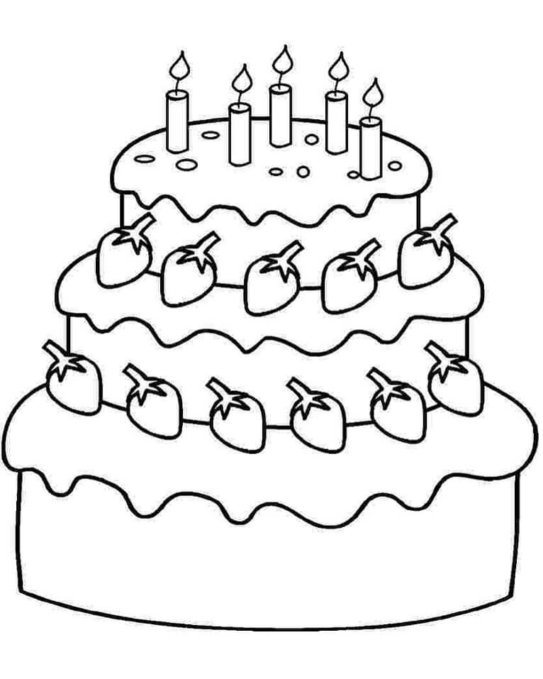 Desenho Pdf de Bolo de Aniversário Sabor Morango para Colorir e Pintar