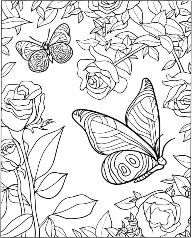 Desenho de Borboletas e Rosas para Colorir e Pintar