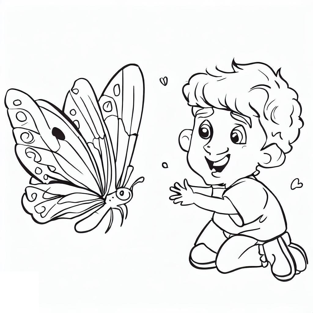 Desenho de Borboleta e Menino para Colorir e Pintar