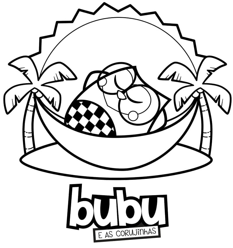 Desenho Bubu e as Corujinhas Deitada na Rede Numa Praia para Colorir e Pintar