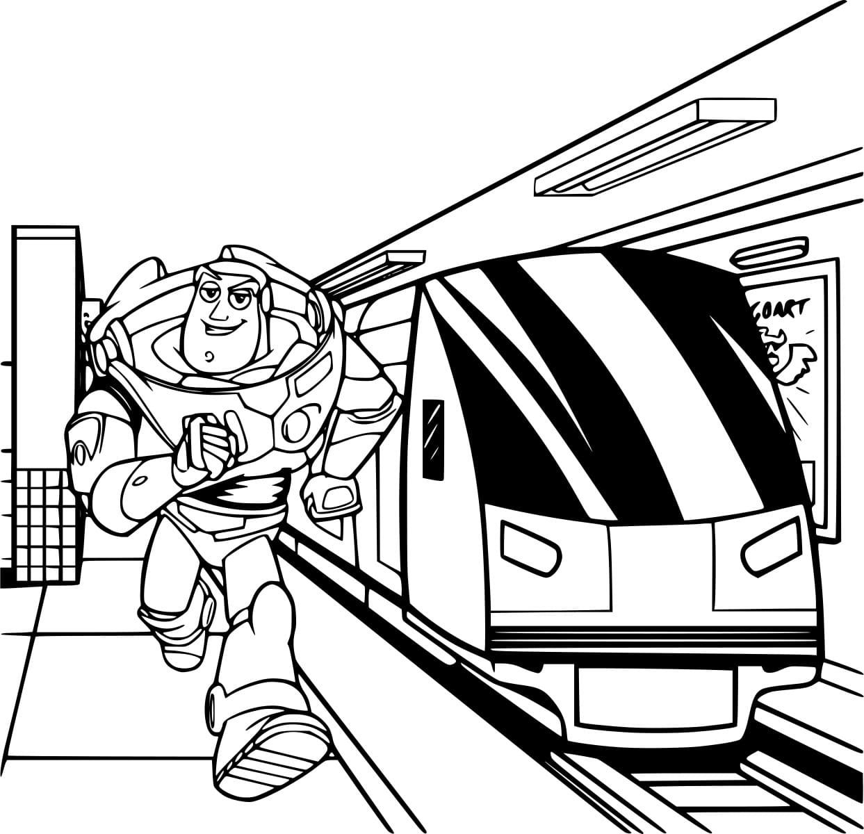 Desenho de Buzz Lightyear na Estação de Metro para Colorir e Pintar