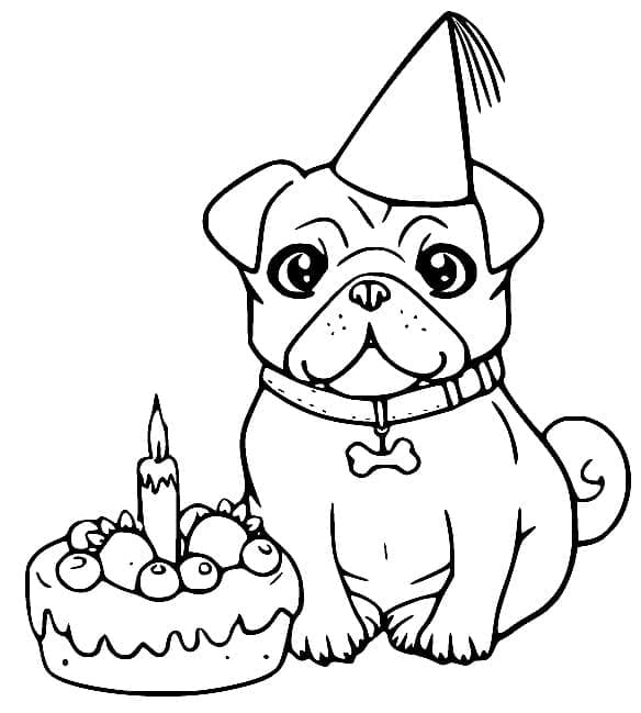 Desenho de Pug e Bolo de Aniversário para Colorir e Pintar
