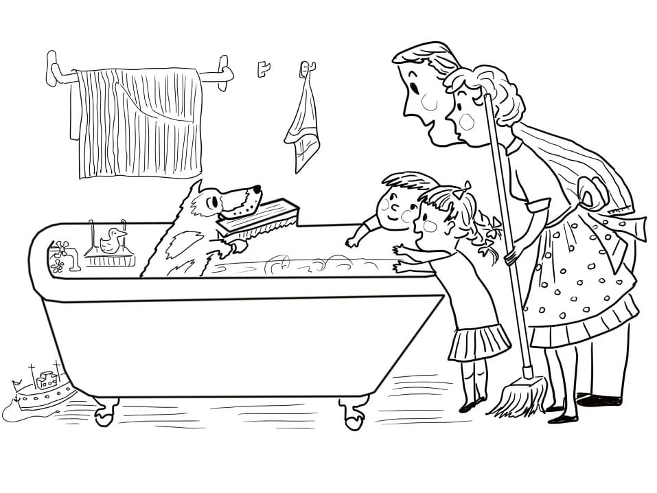 Desenho Cachorro Brincando na Banheira para Colorir e Pintar