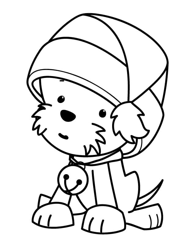 Desenho Cachorro com Chapéu de Papai Noel para Colorir e Pintar