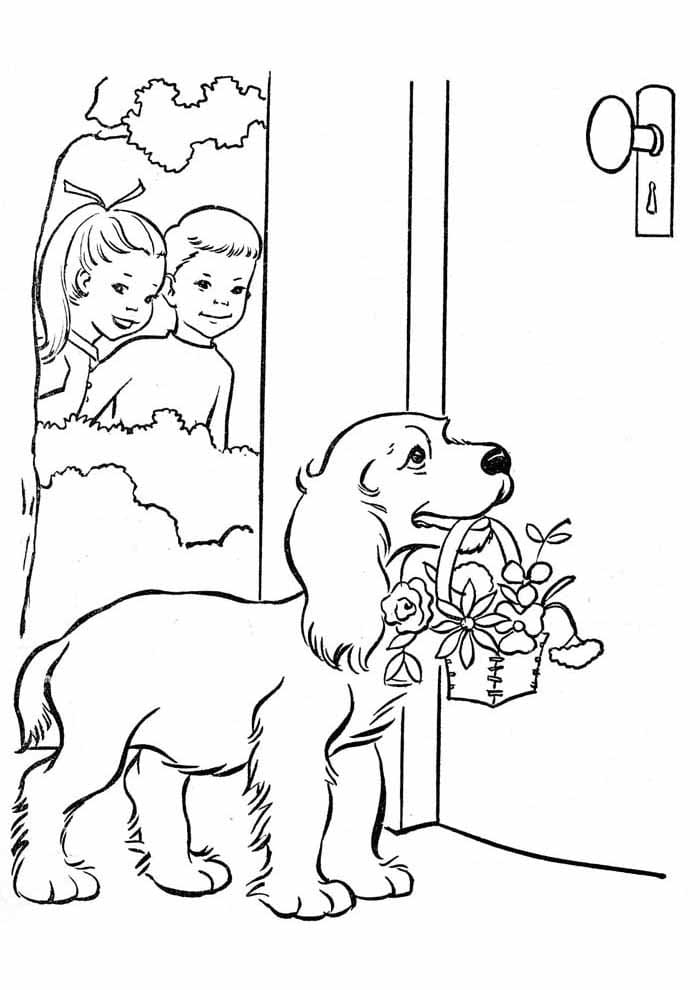 Desenho de Cachorro com Cesta de Flores para Colorir e Pintar