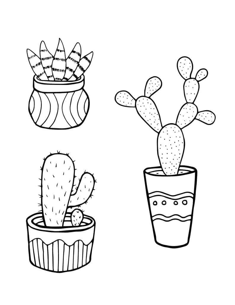 Desenho de Vasos de Cactos Fofos para Colorir e Pintar