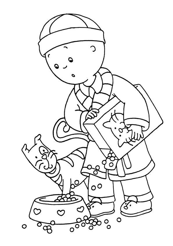 Desenho de Caillou Alimentando Gato Fofo para Colorir e Pintar