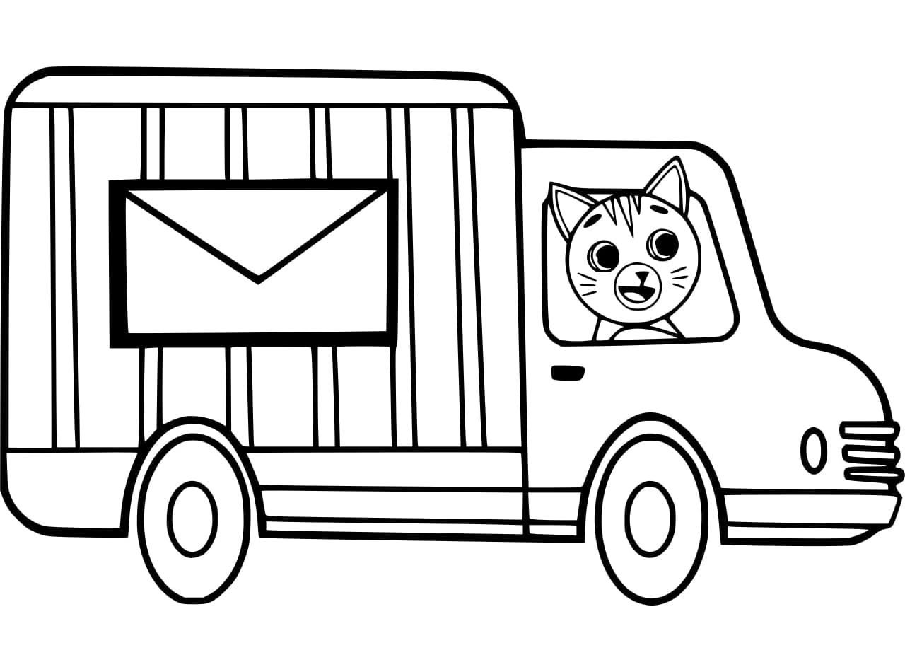 Desenho de Gato em um Caminhão para Colorir e Pintar