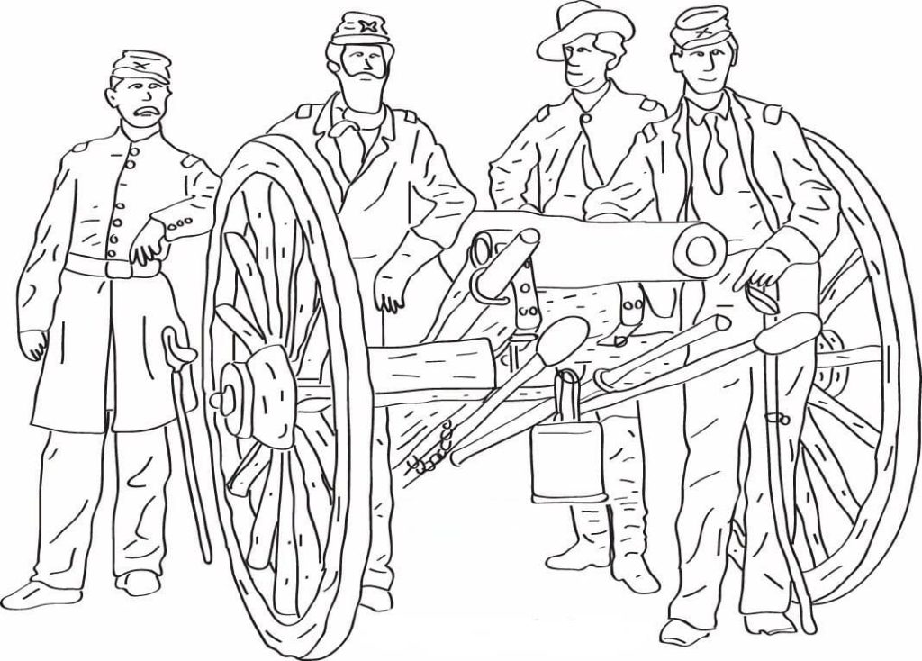Desenho de Soldados e um Canhão para Colorir