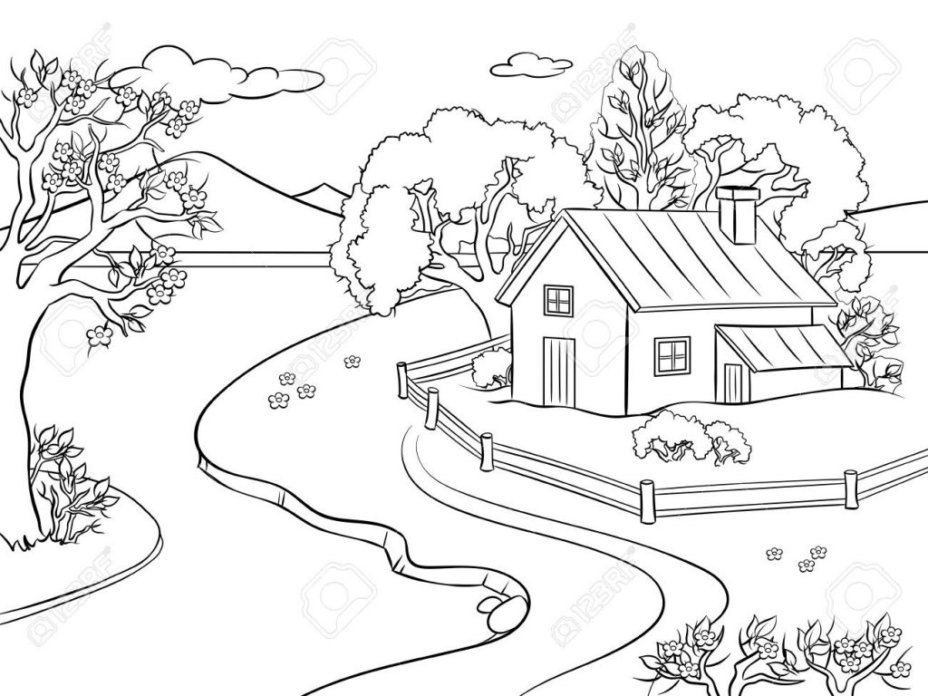 Desenho de Linda Casa no Campo para Imprimir A4 e Pintar