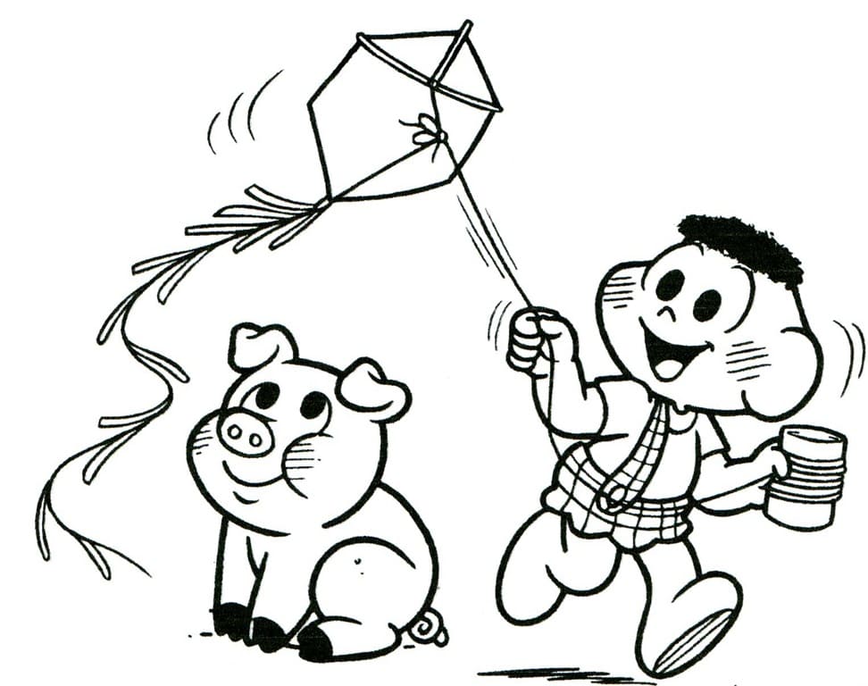 Desenho de Cascão da Turma da Monica Brincando de Pipa no Parque para Colorir e Pintar