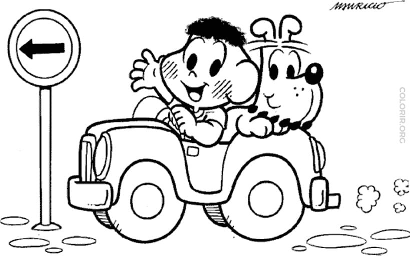 Desenho de Cascão e Bidu Passeando de Carro para Colorir e Pintar