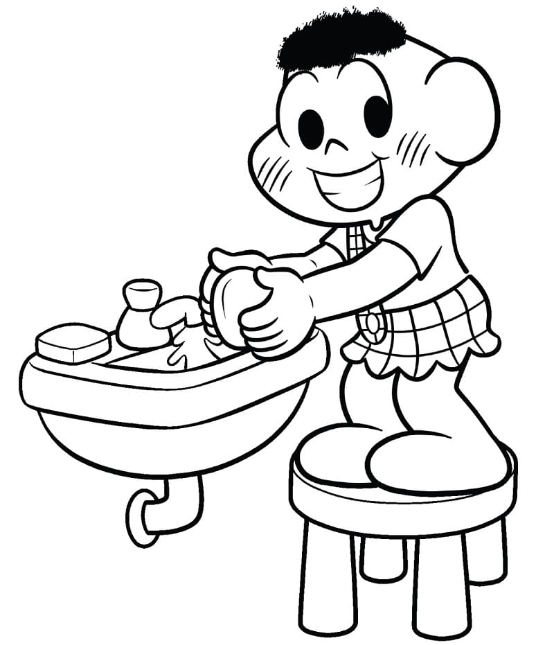 Desenho do Cascão Lavando as Mãos para Colorir e Pintar