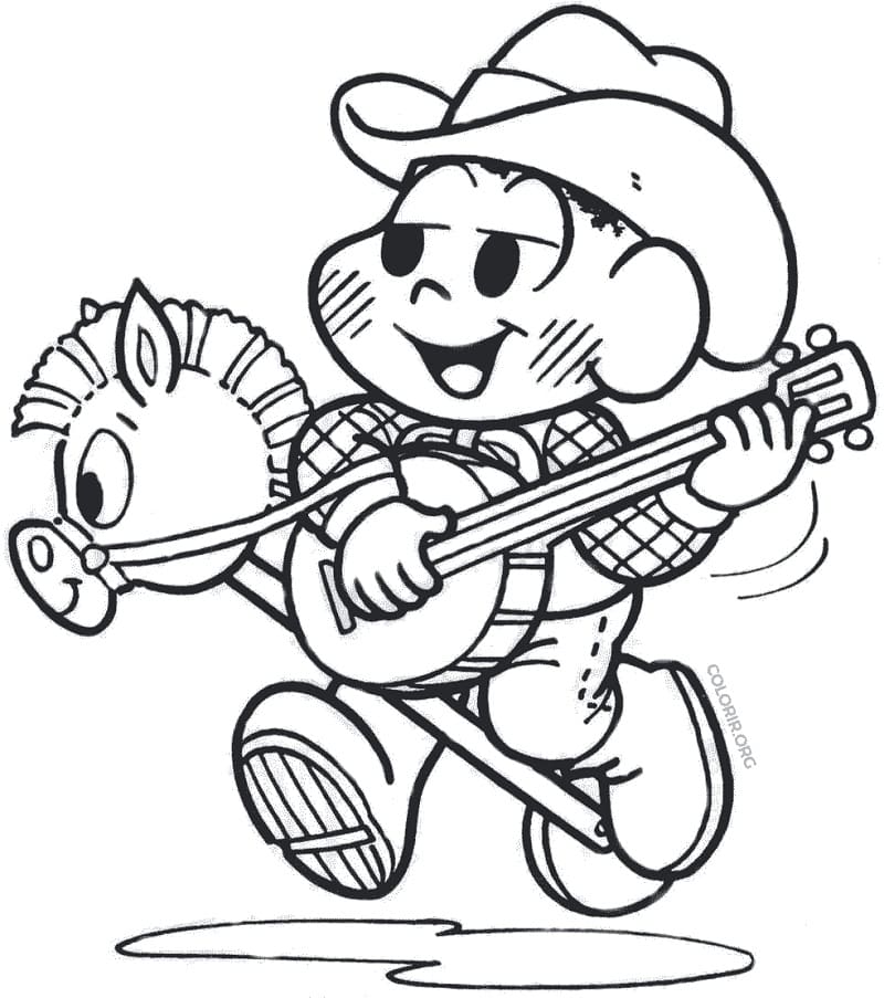 Desenho do Cascão Tocando Violão e Andando de Cavalo de Madeira para Colorir e Pintar