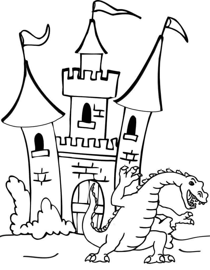 Desenho de Castelo e um Dragão para Colorir e Pintar