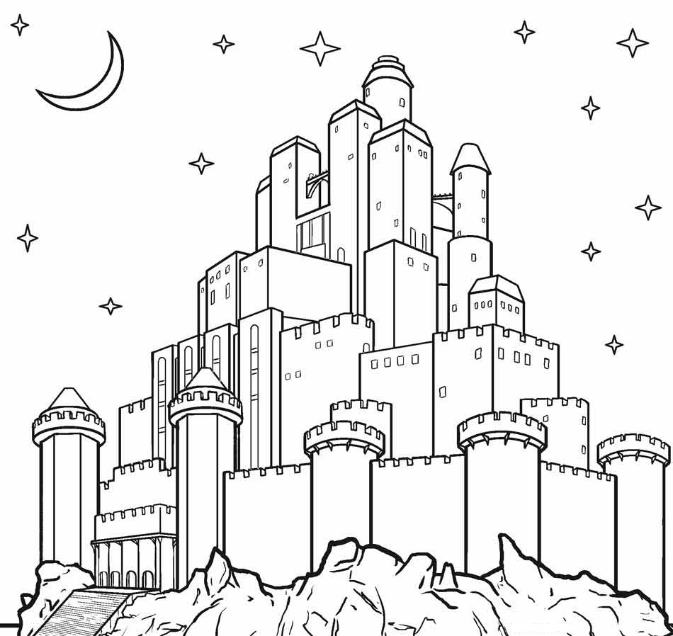Desenho de Grande Castelo Super Protegido a Noite Imprimivel para Colorir e Pintar