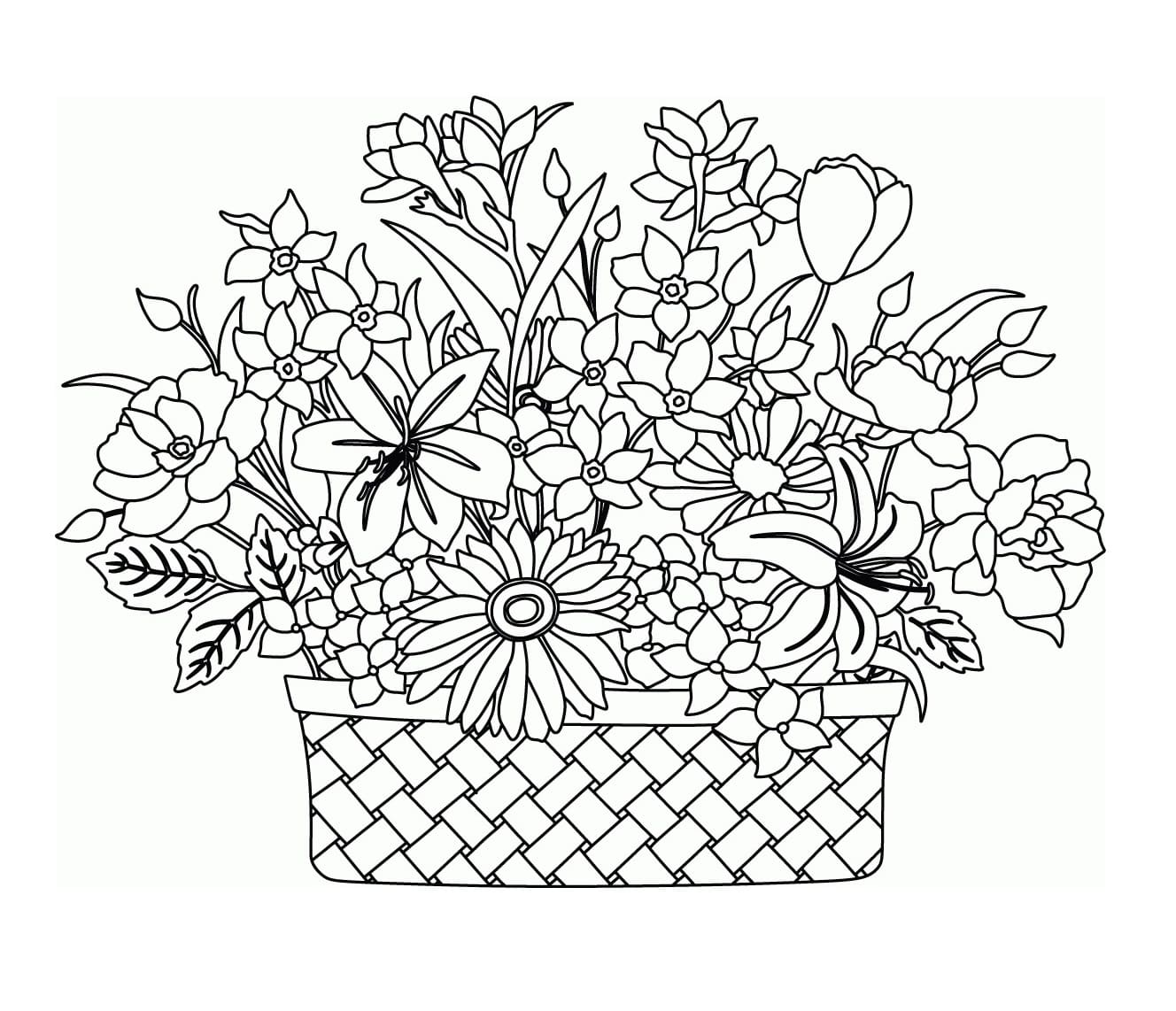 Desenho de Cesta de Flores Grátis para Colorir e Pintar