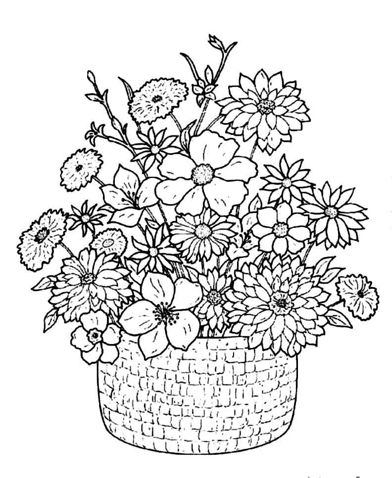 Desenho de Cesta de Flores Grátis para Crianças para Colorir e Pintar