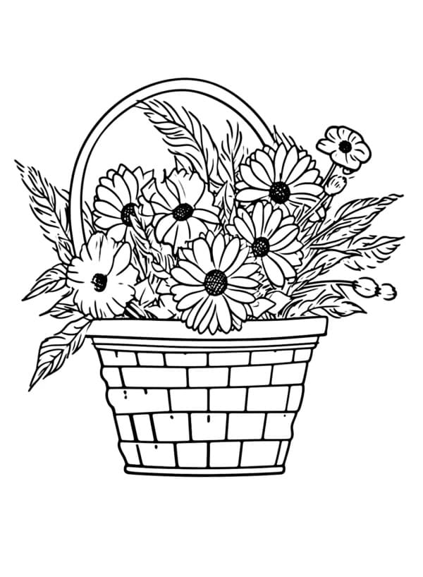 Desenho de Cesta de Flores Maravilhosa para Colorir e Pintar
