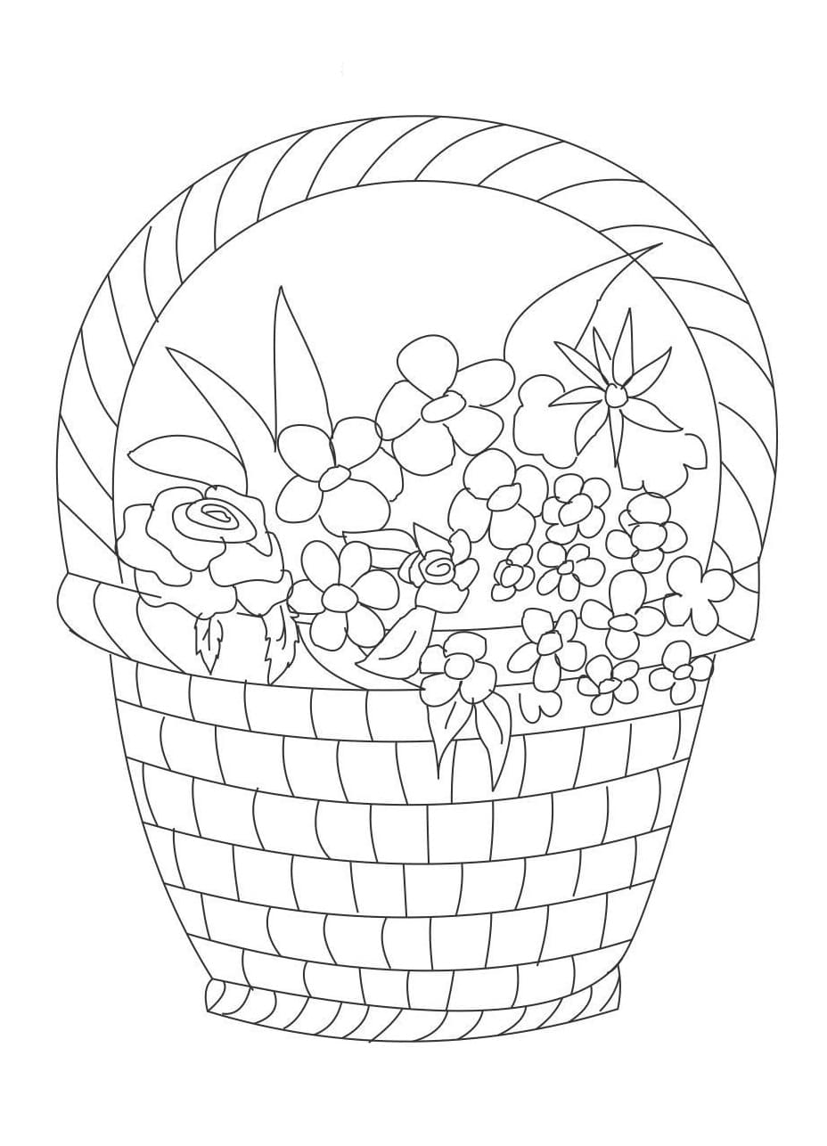 Desenho de Cesta de Flores para Crianças para Colorir e Pintar