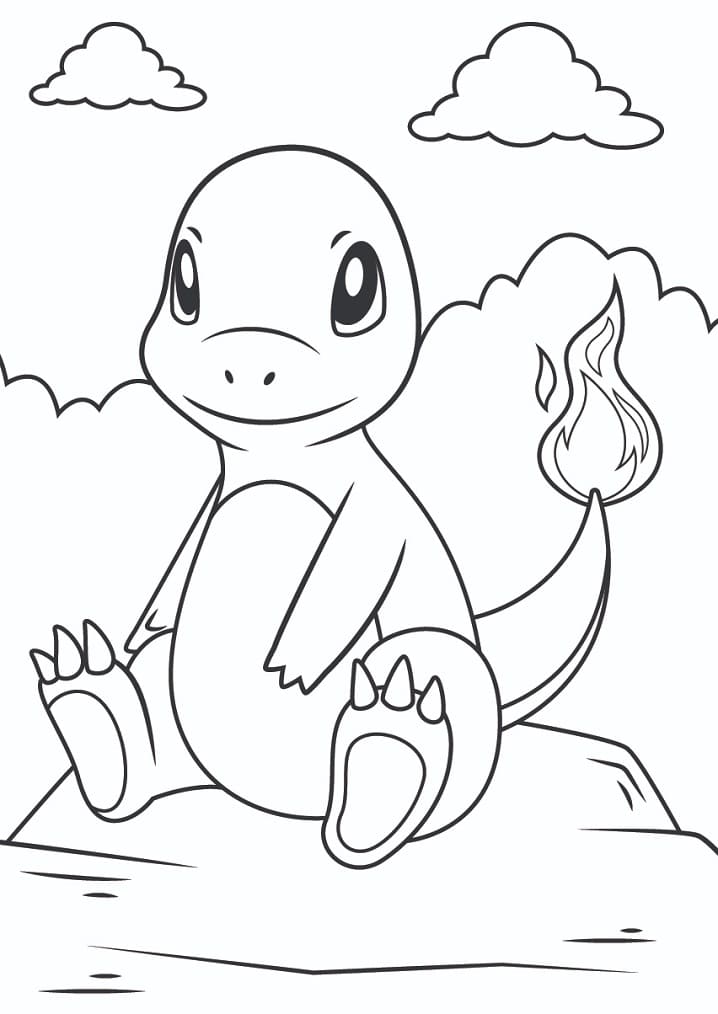 Desenho de Charmander Pokemon Sentado para Imprimir e Pintar