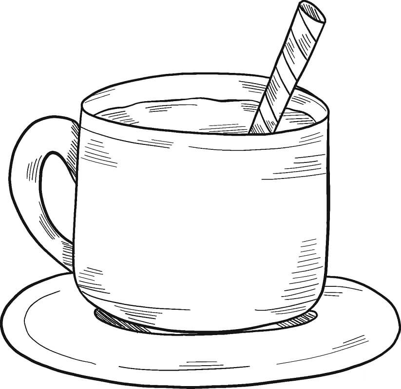 Desenho de Chocolate Quente com Prato para Imprimir e Pintar