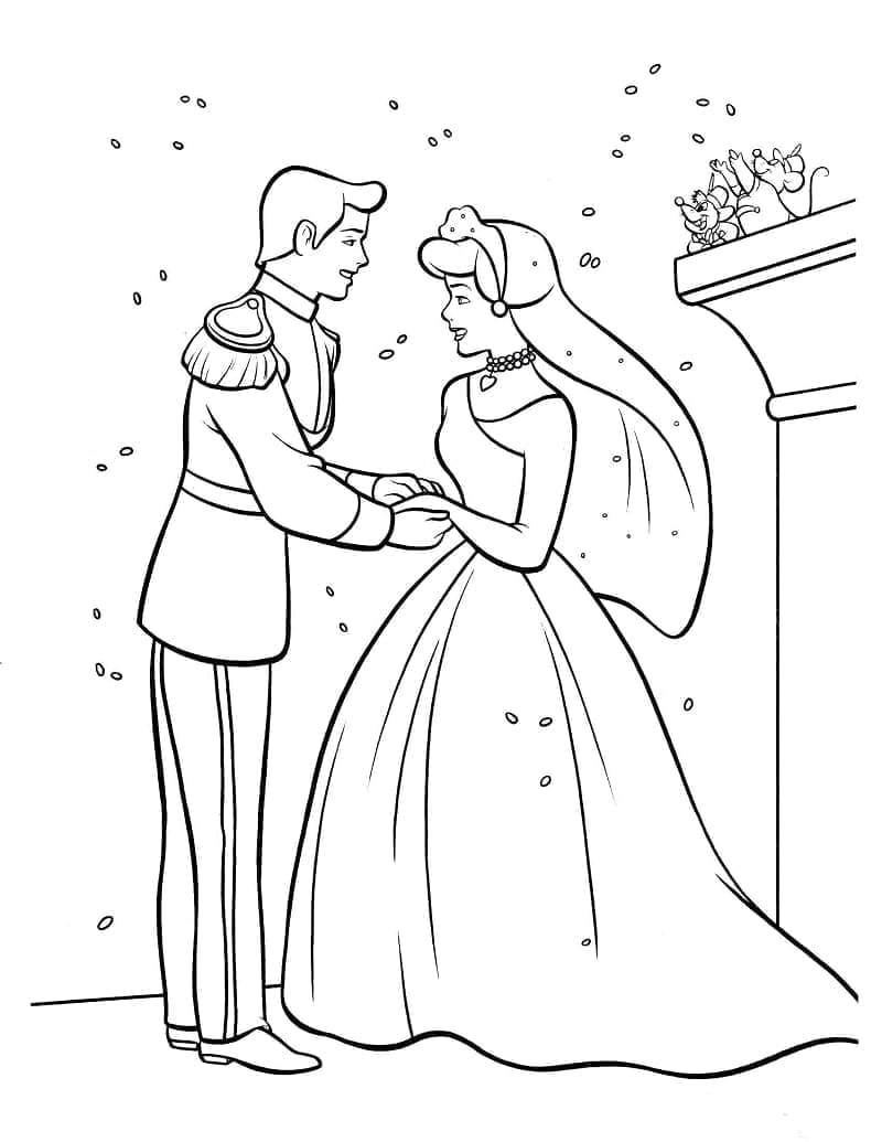 Desenho de Casamento da Cinderela para Colorir e Pintar