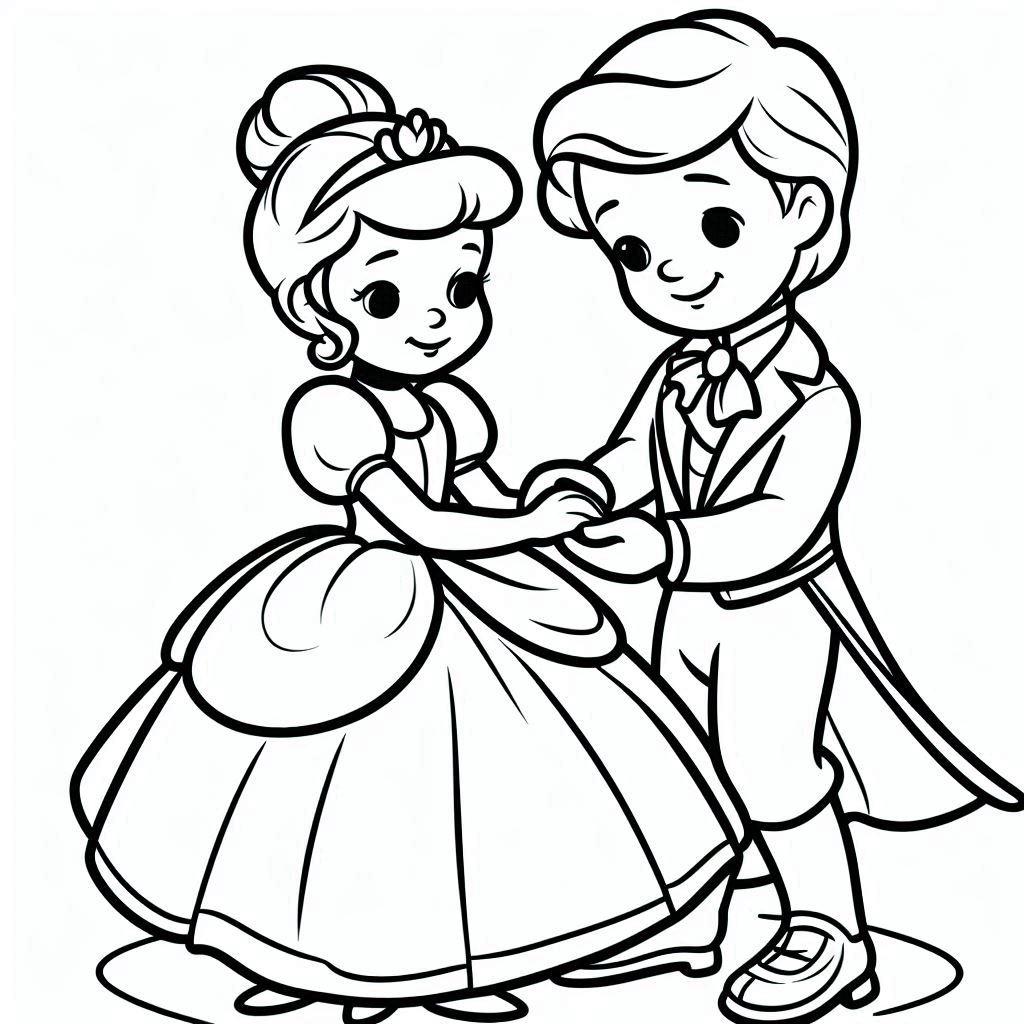 Desenho Cinderela com Príncipe para Colorir e Pintar