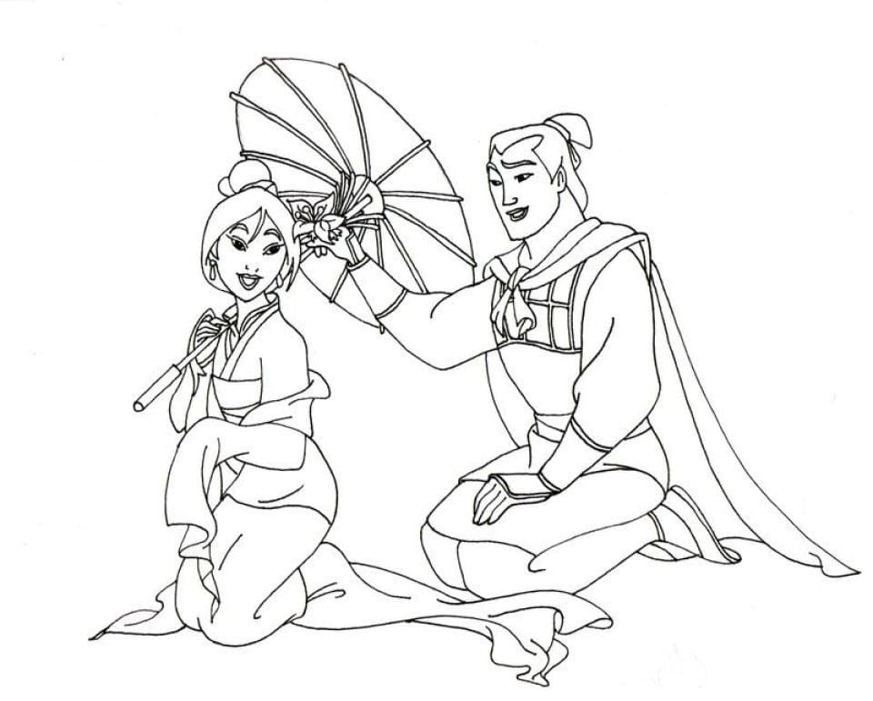 Desenho Li Shang e Mulan para Colorir e Pintar