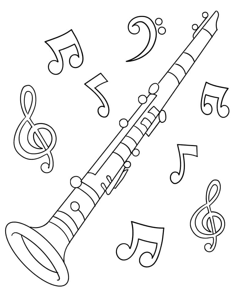 Desenho de Clarinete e Notas Musicais para Colorir e Pintar