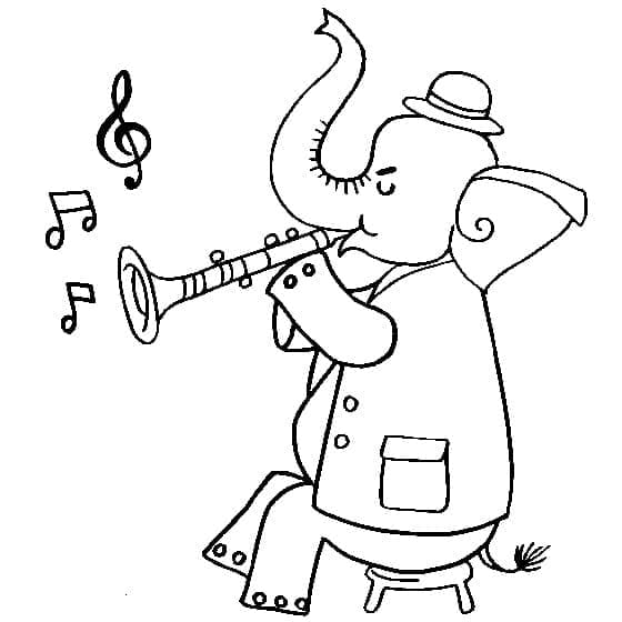 Desenho de Elefante Tocando Clarinete para Colorir e Pintar