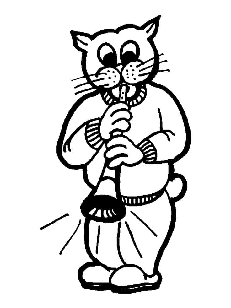 Desenho de Gato Tocando Clarinete para Colorir e Pintar
