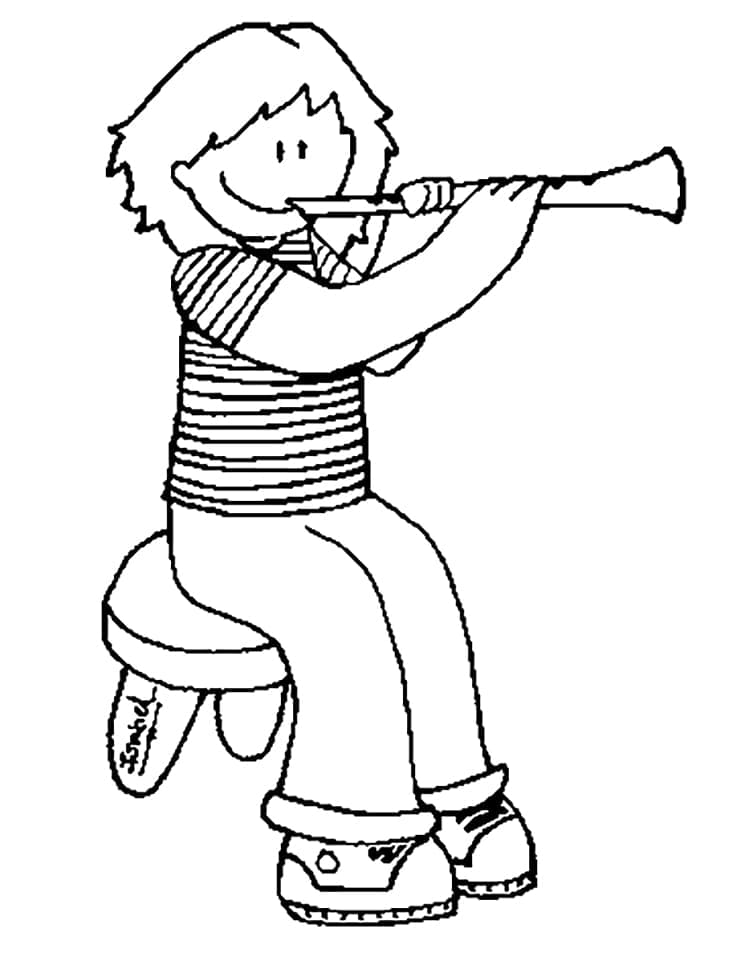 Desenho de Menina Tocando Clarinete para Colorir e Pintar