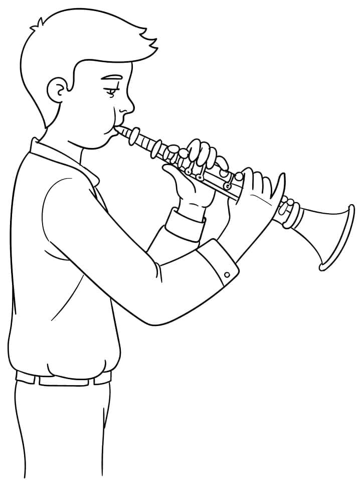Desenho de Menino Tocando Clarinete para Colorir e Pintar