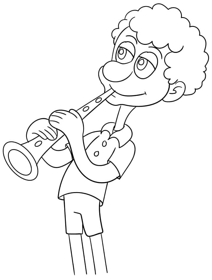 Desenho de um Menino Tocando Clarinete para Colorir e Pintar