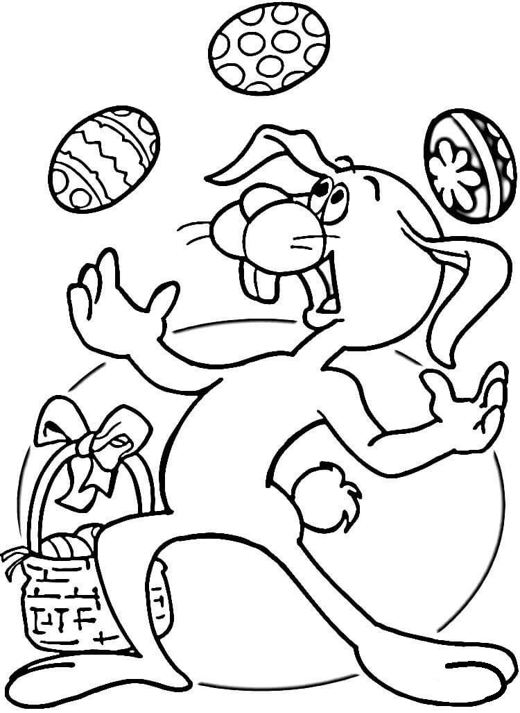 Desenho de Coelho Fazendo Malabarismo com Ovos de Páscoa Download Pdf para Imprimir e Pintar