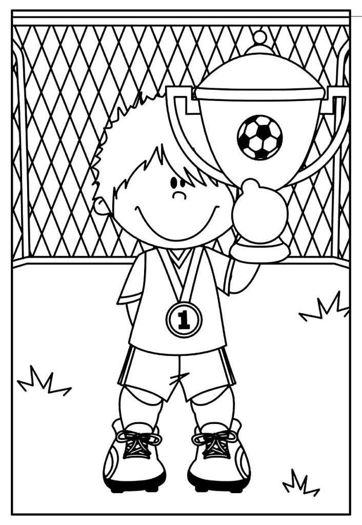 Desenho da Copa do Mundo Criança Segurando Trofeu para Colorir 706×1024