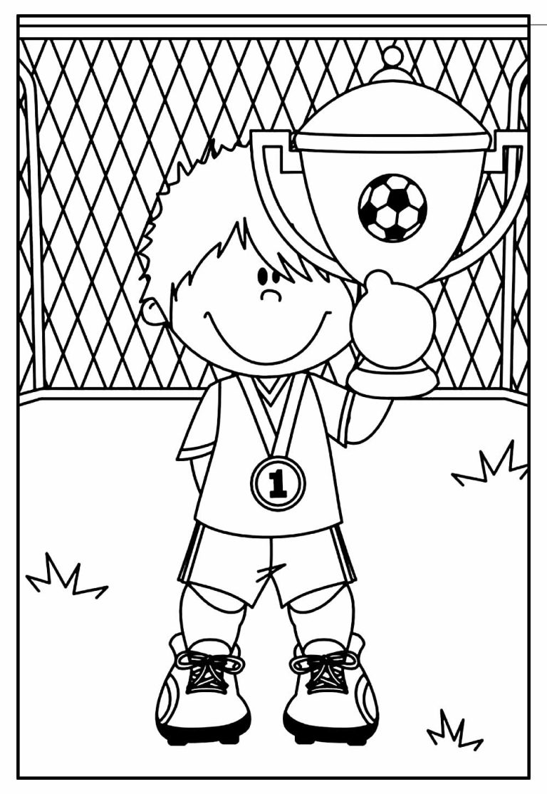 Desenho da Copa do Mundo Criança Segurando Trofeu para Colorir 768×1114