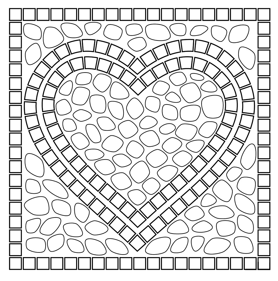 Desenho de Coração em Mosaico para Colorir em Pdf e Pintar