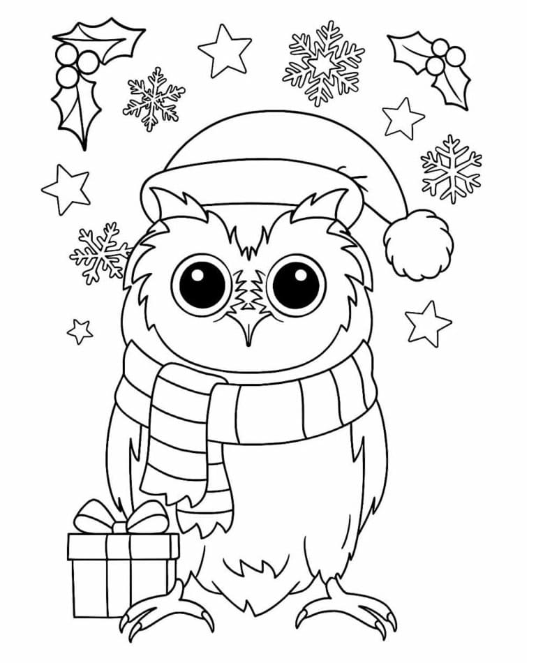 Desenho de Coruja de Natal Grátis para Crianças para Colorir