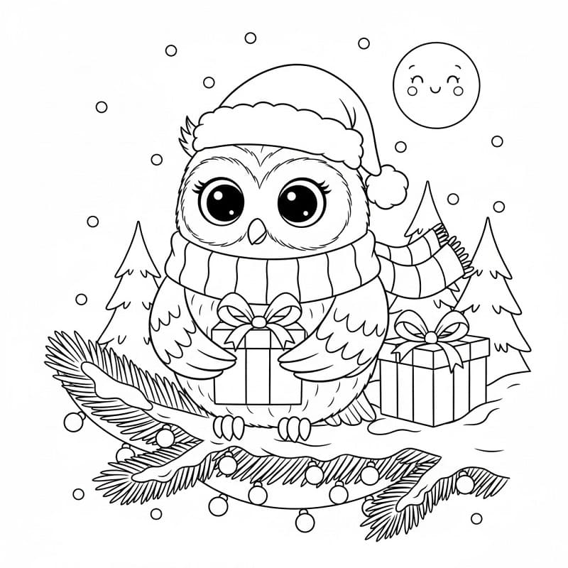 Desenho de Coruja de Natal com Presentes para Colorir
